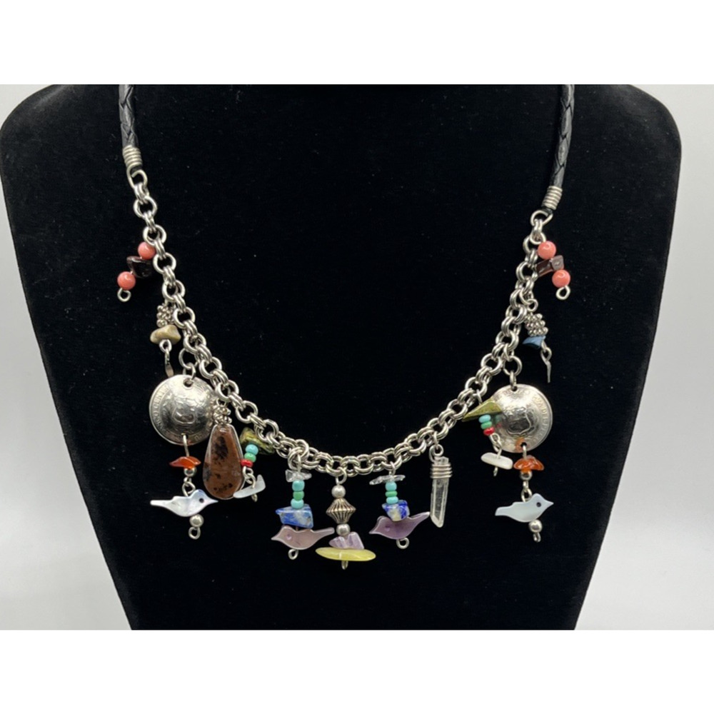 Peruvian Artisan Bird Charm Necklace Mixed Stone Peru Coin Boho Folk Art